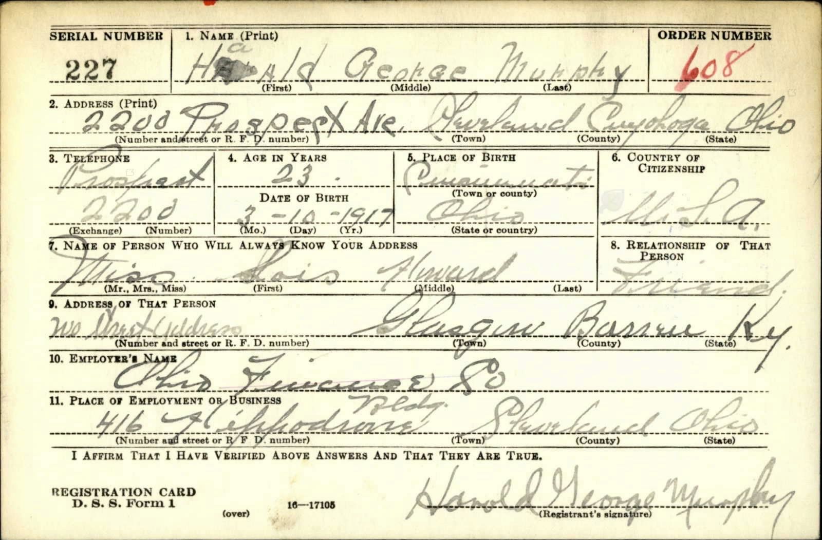 Harold George Murphy Draft Registration Card
