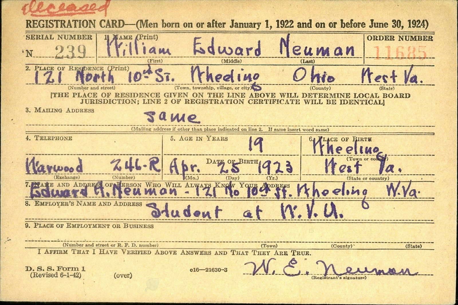 William Edward Neuman Draft Registration Card