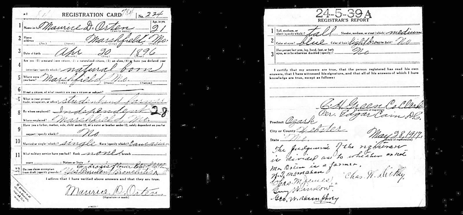 Maurice D Orten Draft Registration Card