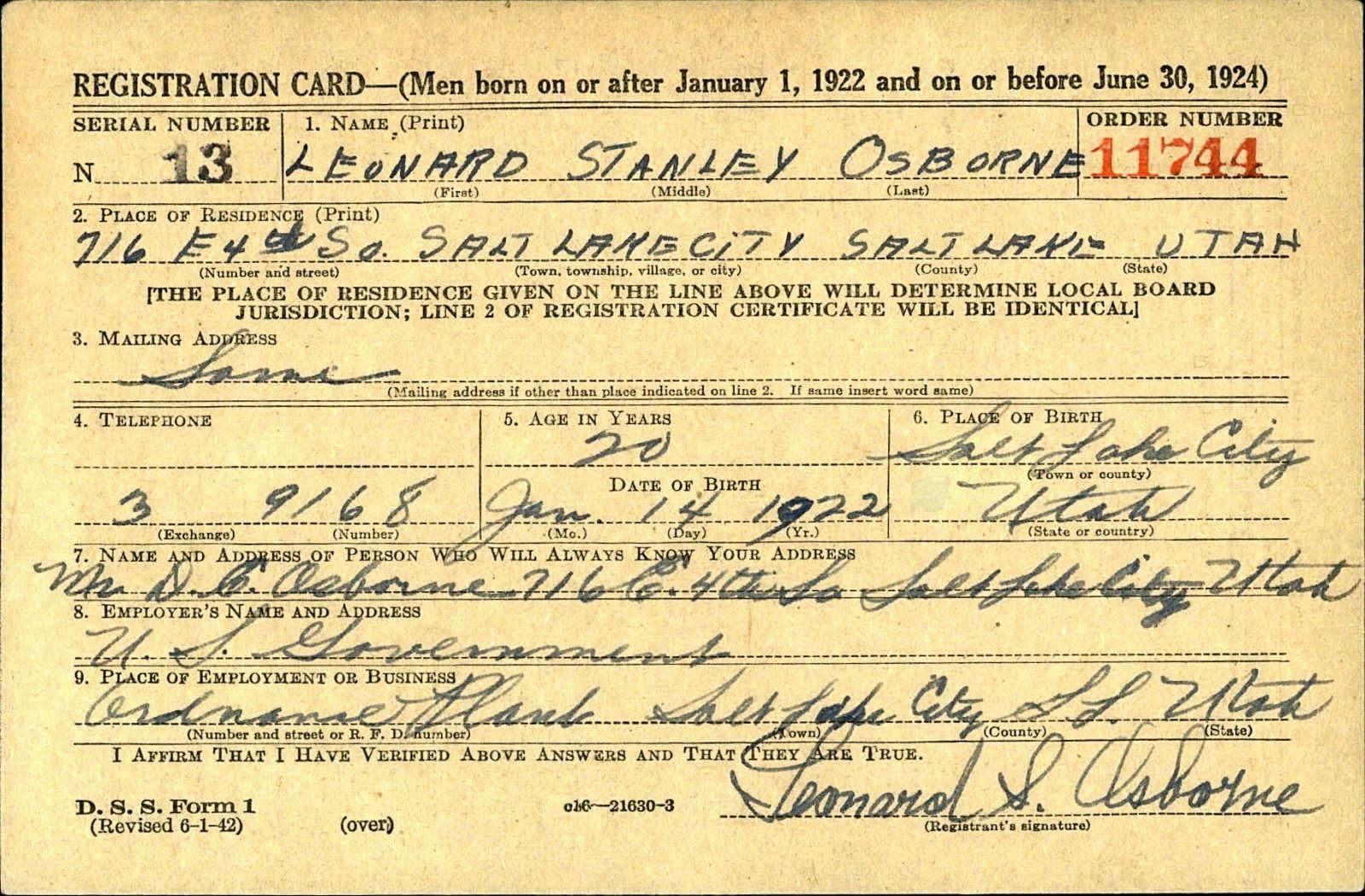 Leonard Stanley Osborne Draft Registration Card