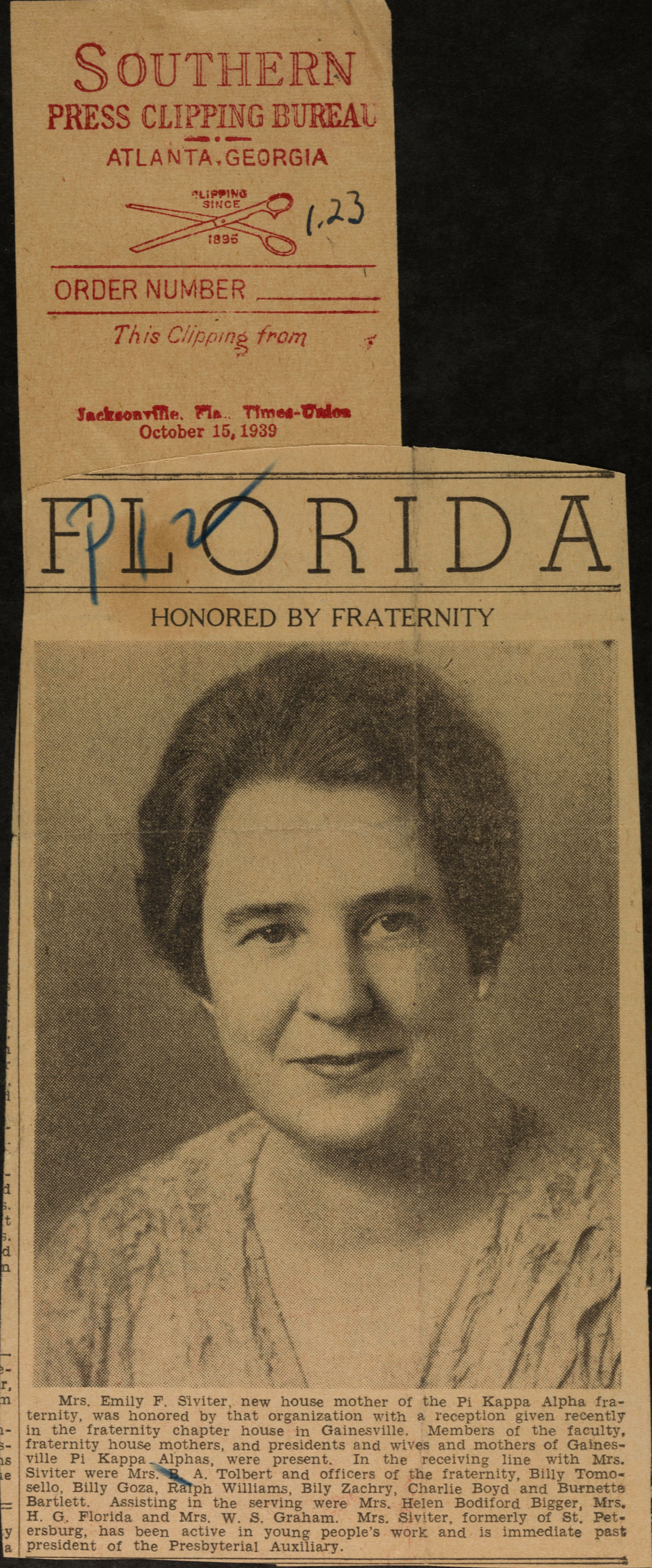 Florida Honored by Fraternity Newspaper Clipping, October 15, 1939