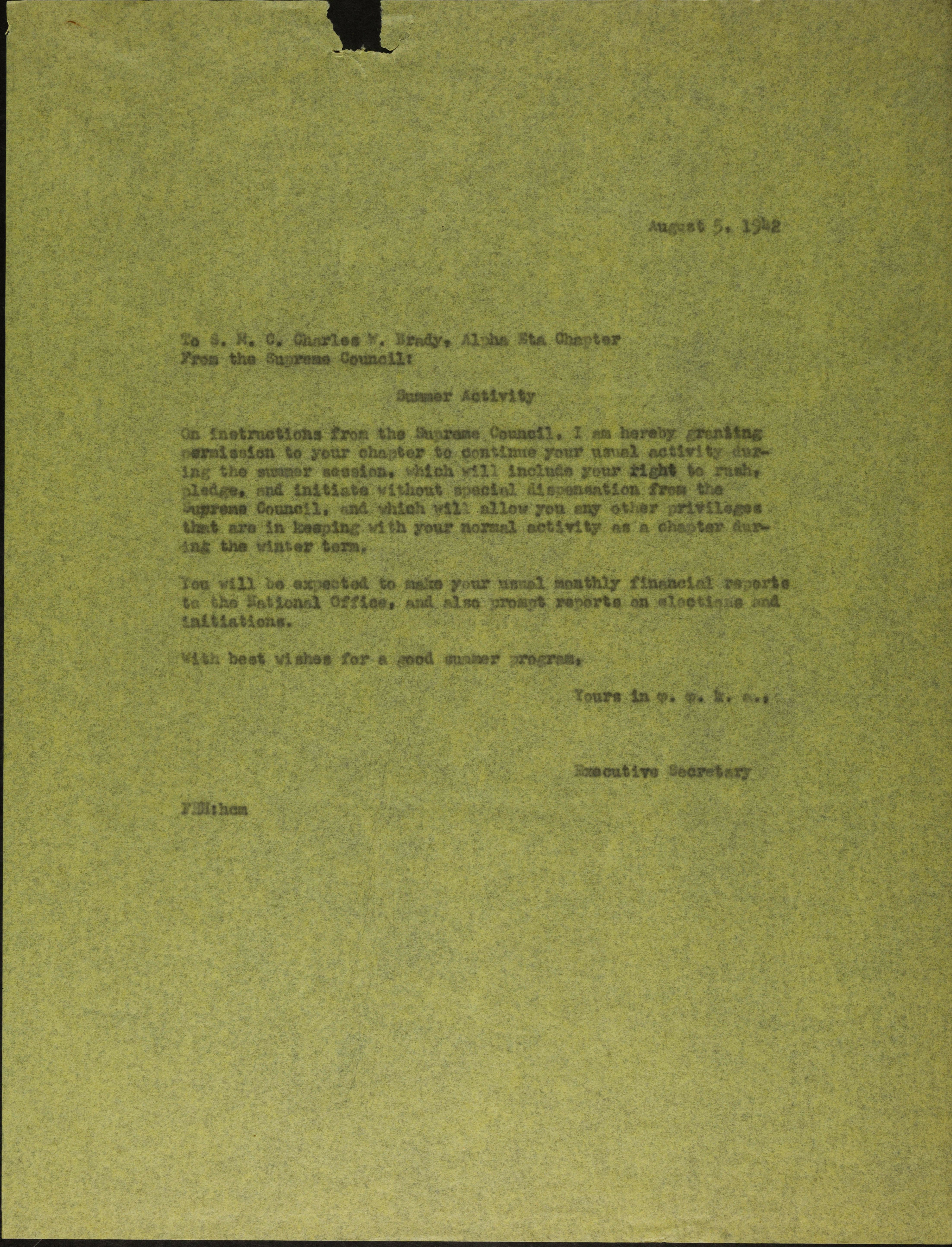 Executive Secretary to Alpha Eta Chapter Letter, August 5, 1942