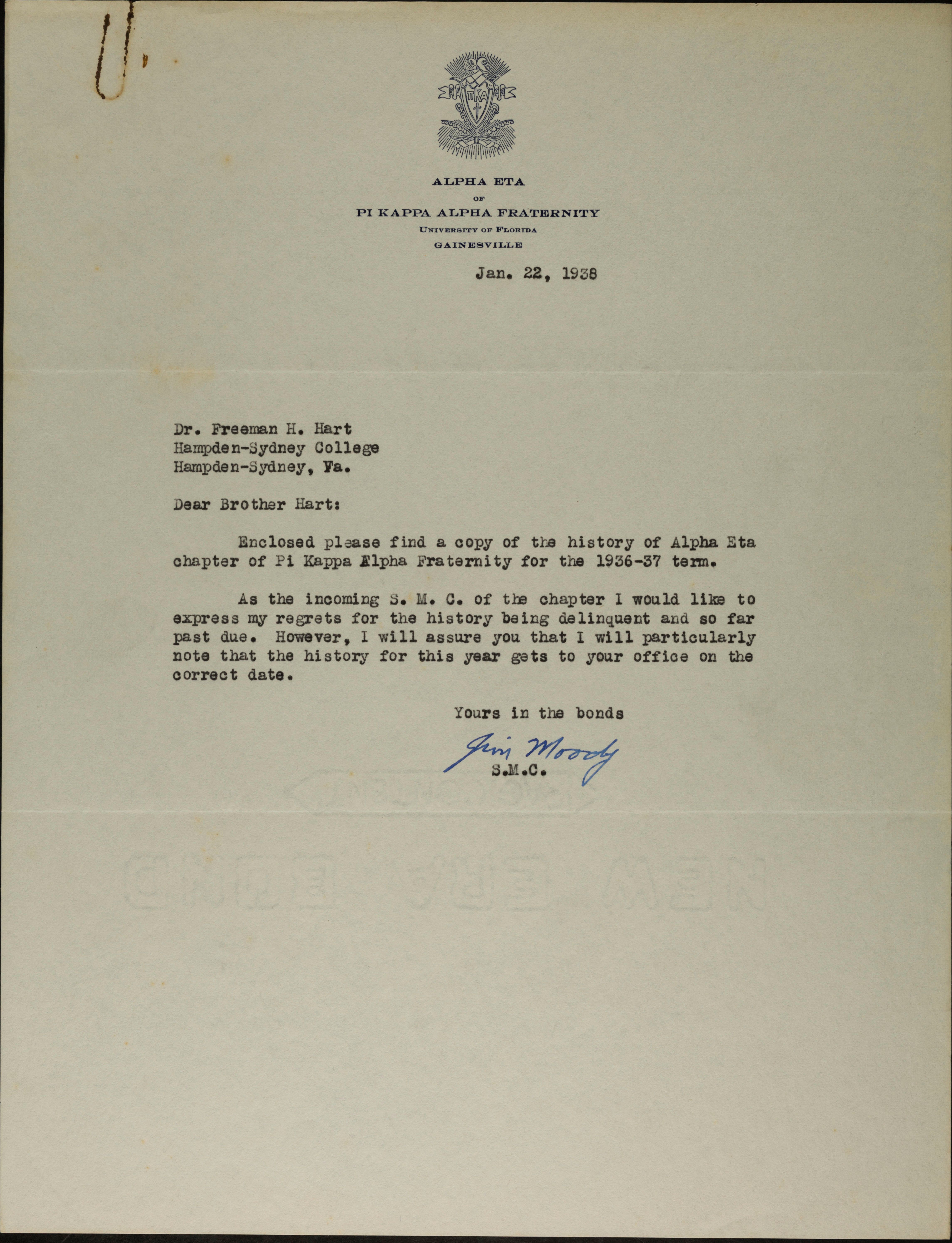 Jim Moody to Brother Hart Letter, January 22, 1938