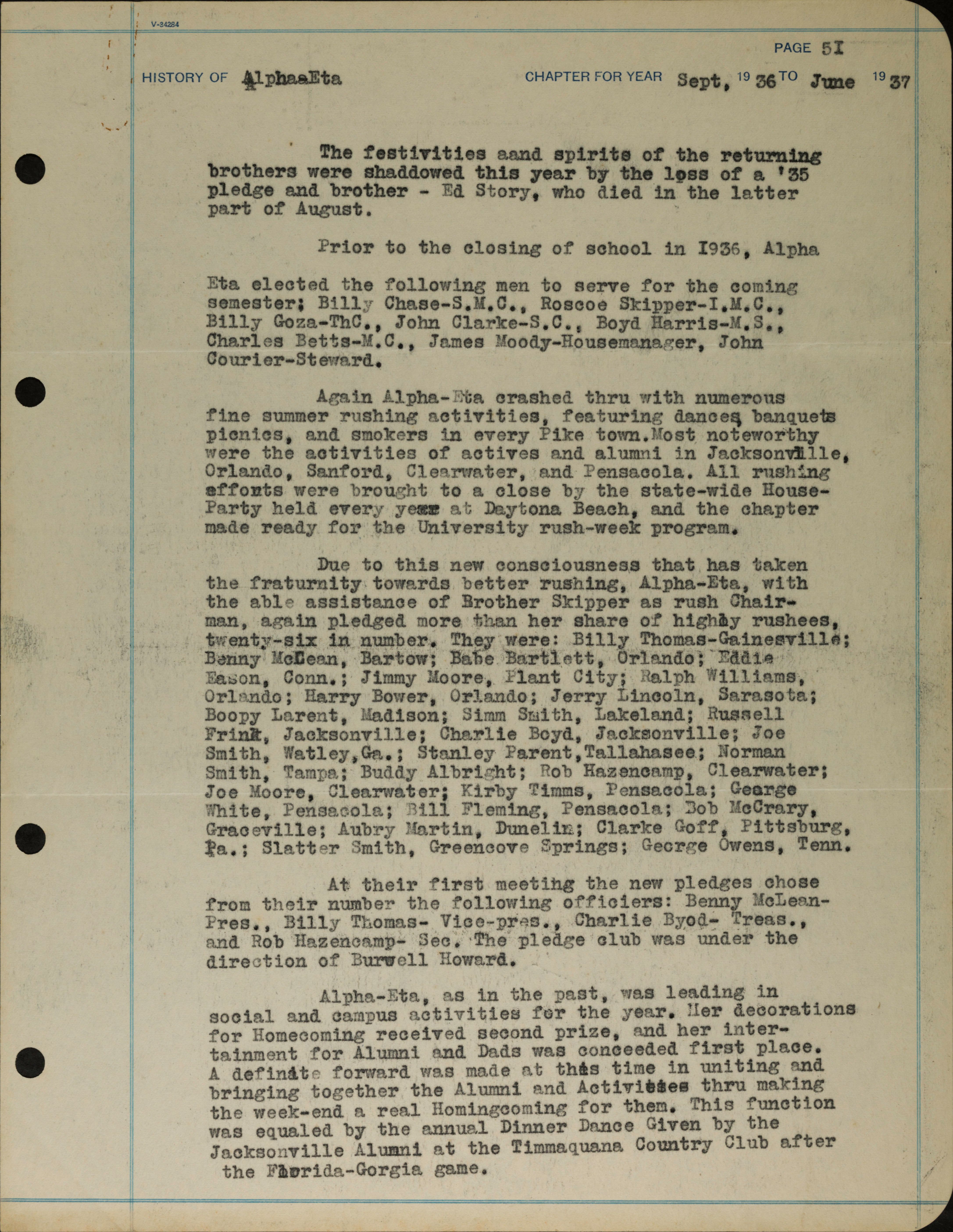 History of Alpha-Eta Chapter for Year September 1936 to June 1937