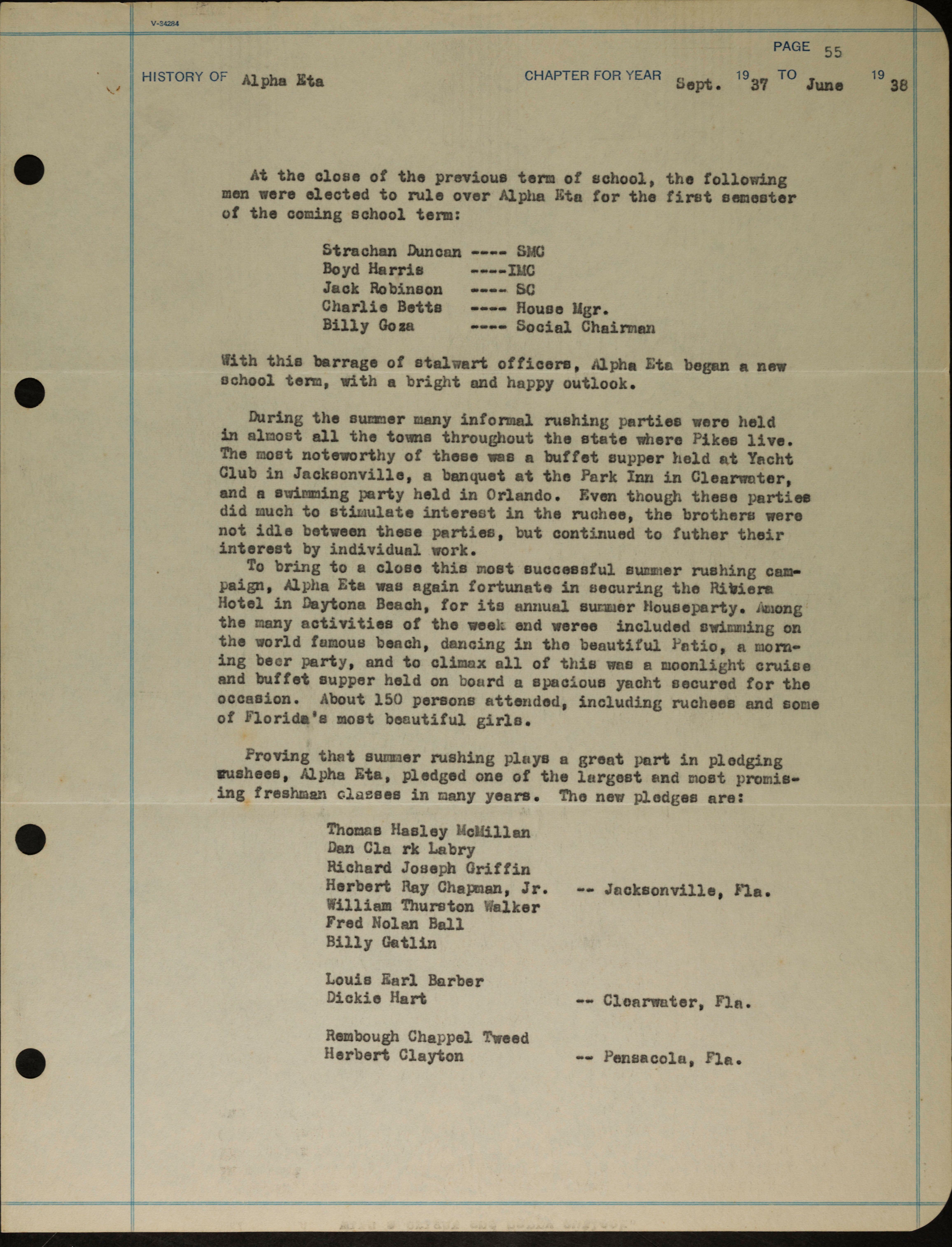 History of Alpha-Eta Chapter for Year September 1937 to June 1938