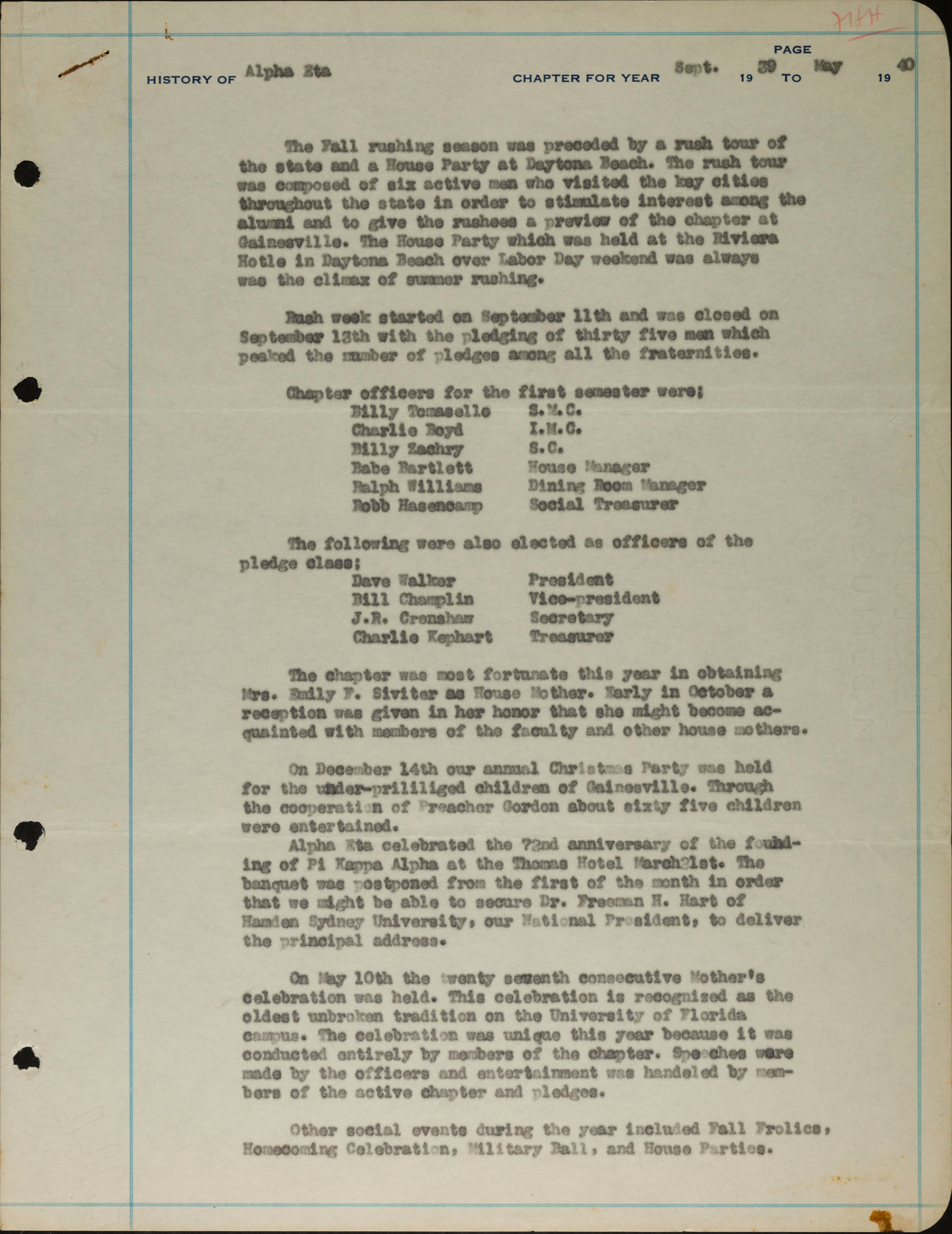 History of Alpha Eta Chapter for Year September 1939 to May 1940