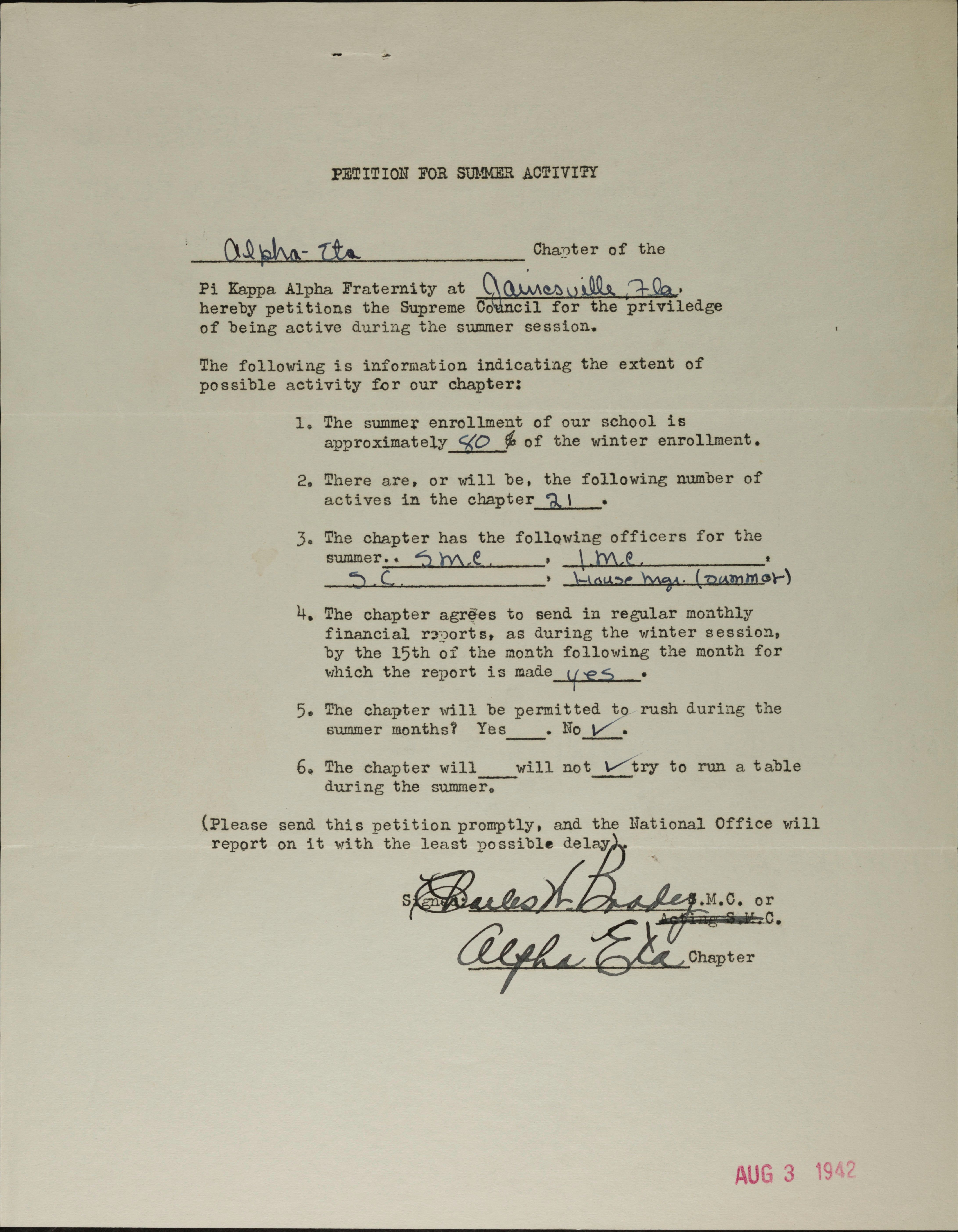 Petition for Summer Activity, August 3, 1942