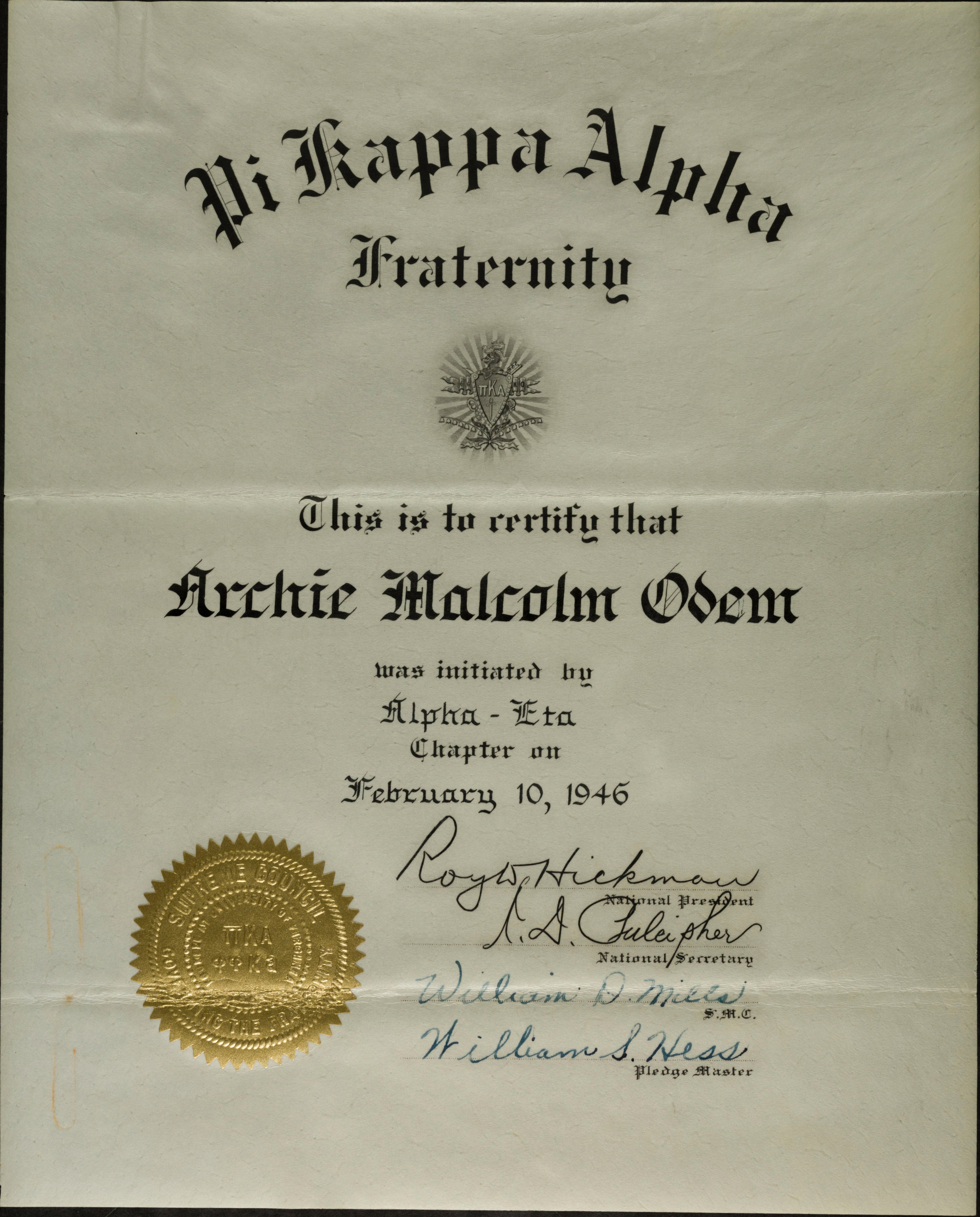 Archie Malcom Odem Initiation Certificate, February 10, 1946