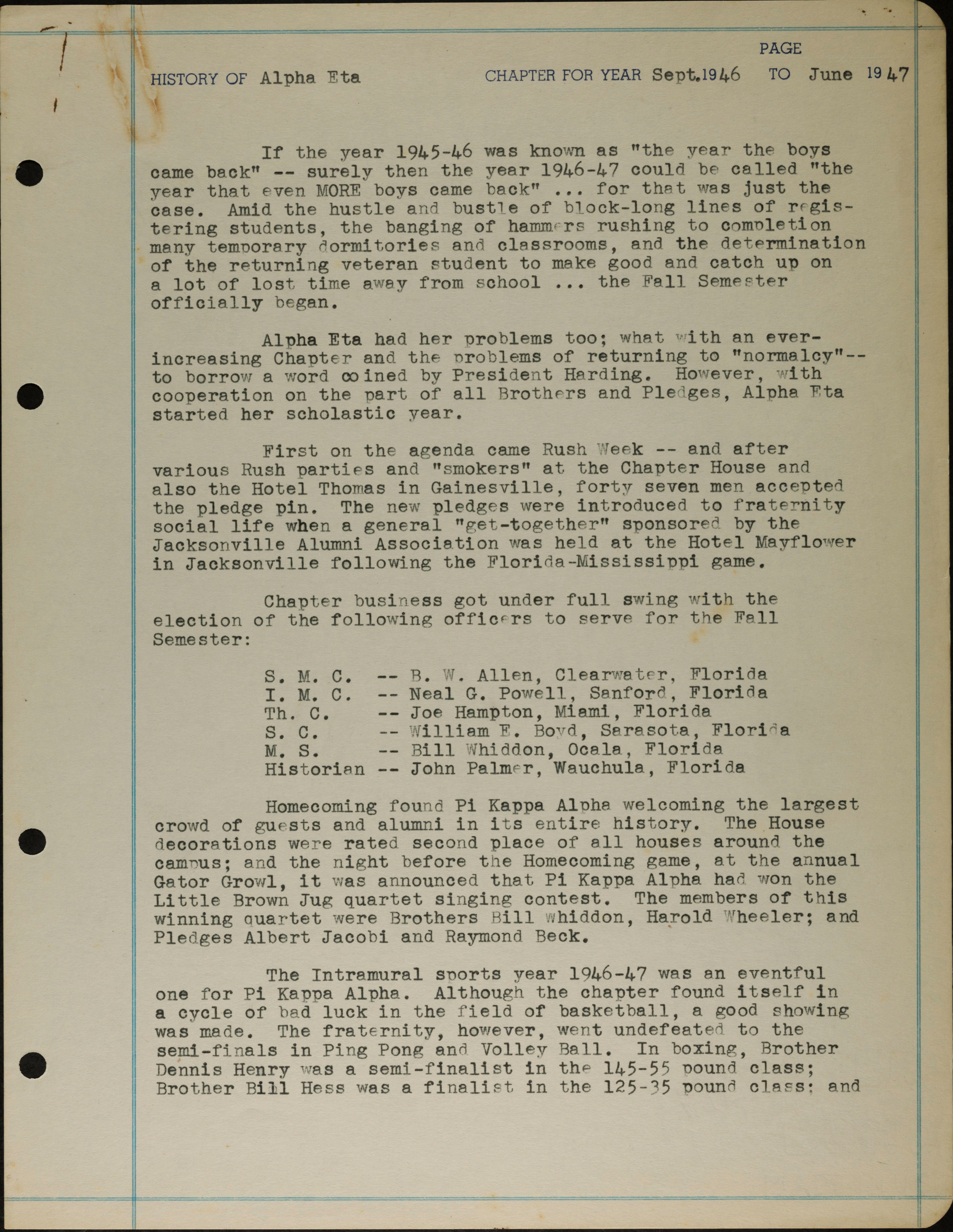 History of Alpha Eta Chapter for Year September 1946 to June 1947