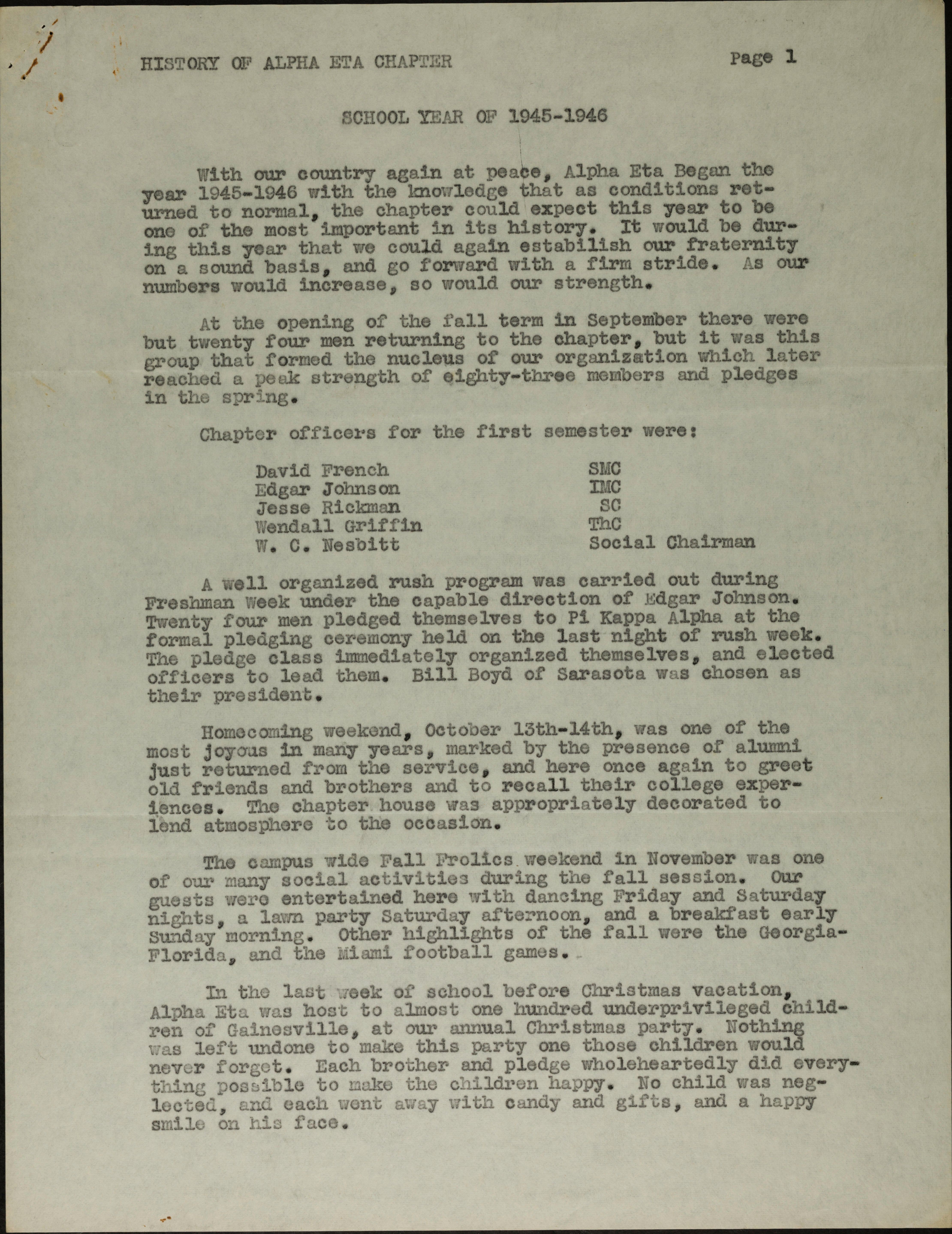 History of Alpha Eta Chapter School Year of 1945-1946