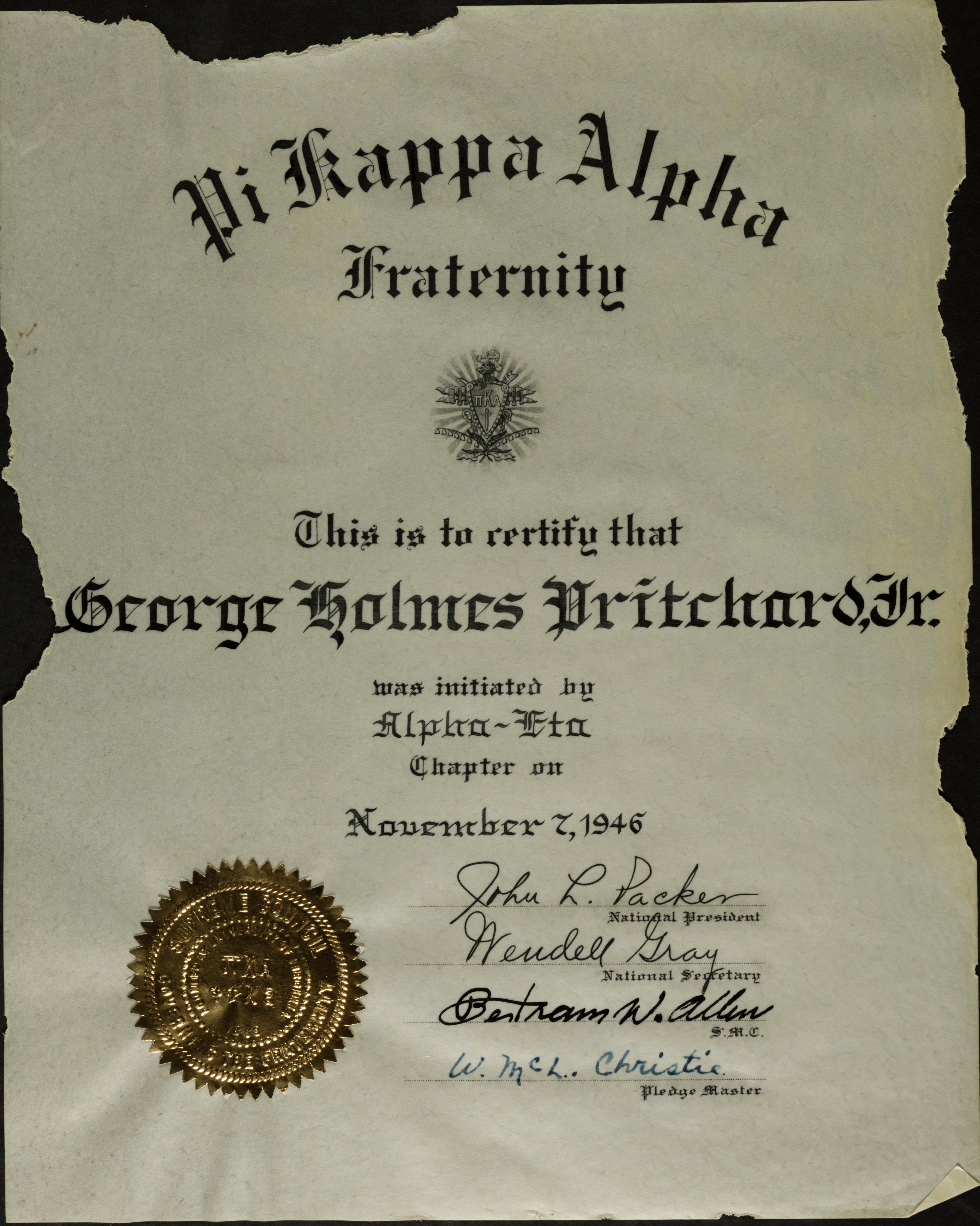 George Holmes Pritchard Jr. Initiation Certificate, November 7, 1946