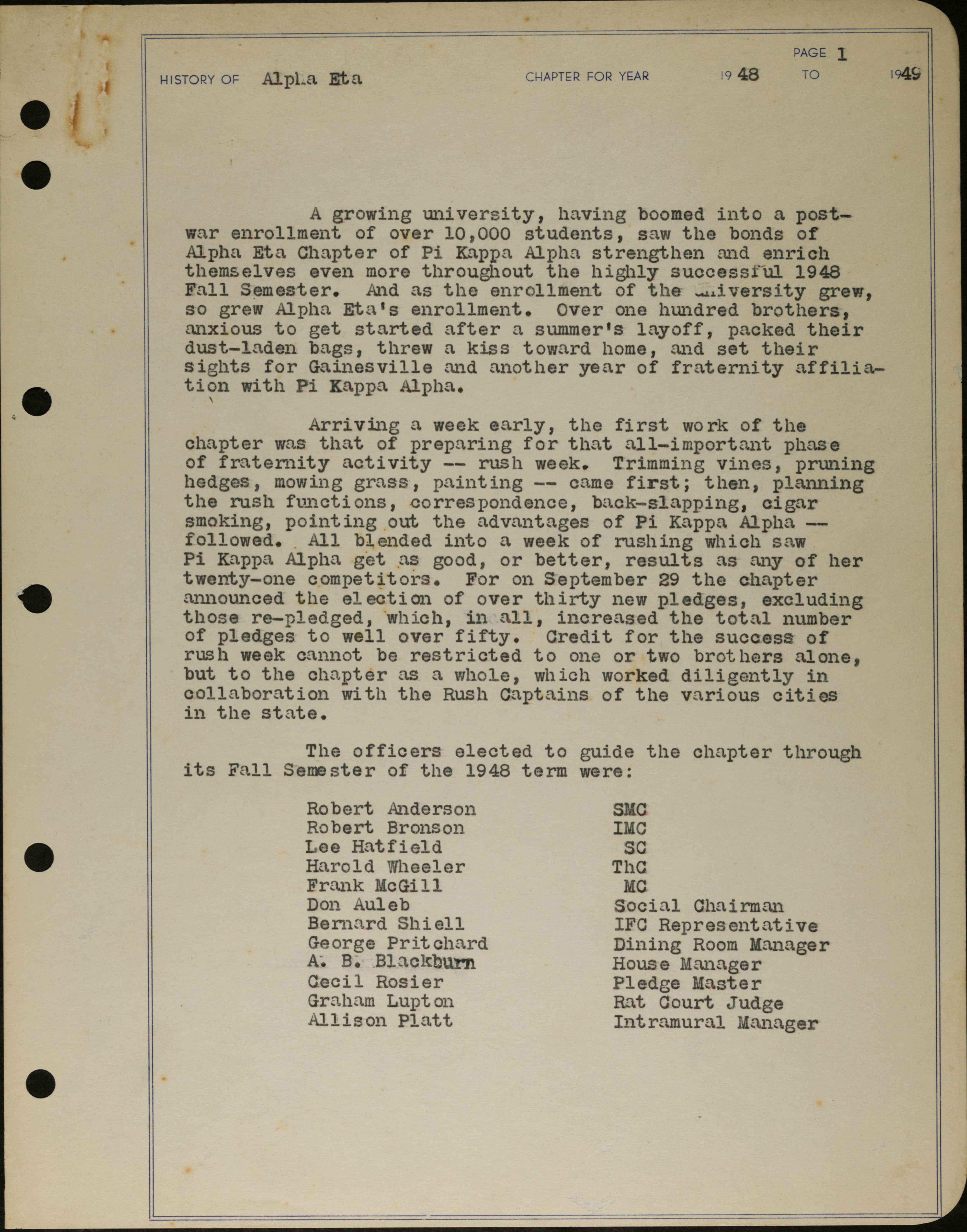 History of Alpha Eta Chapter For Year 1948-1949