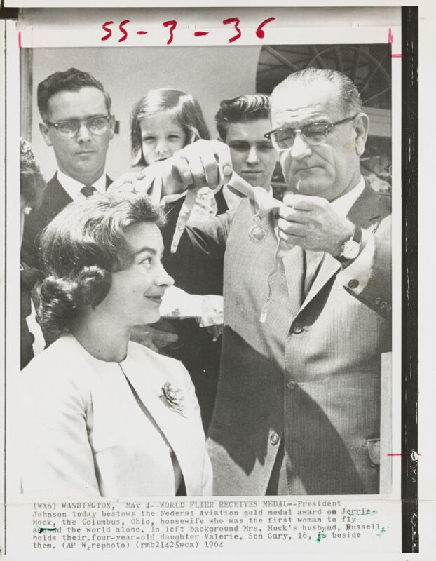 1964 Jerrie Mock Receiving Medal from President Johnson Photograph Image