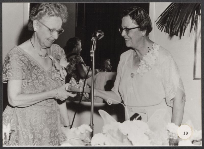 Zenobia Keller Receiving Badge at Convention Photograph, June 24-30, 1956 (Image)