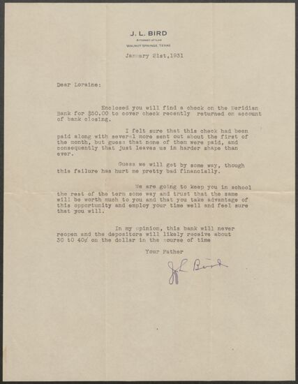 J. L. Bird to Loraine Bird Letter, January 21, 1931 (image)