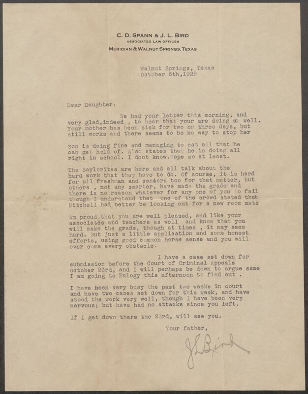 J. L. Bird to Loraine Bird Letter, October 6, 1929 (Image)