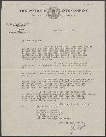 J. L. Bird to Loraine Bird Letter, December 11, 1930 (image)