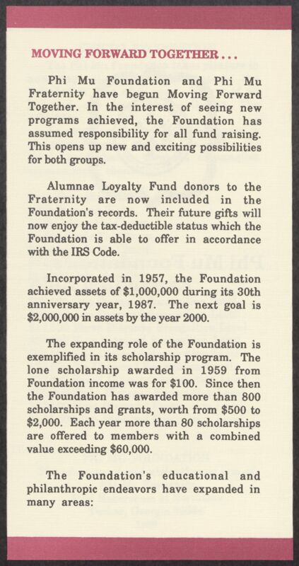 1988 Phi Mu Foundation's Expanding Role Pamphlet Image