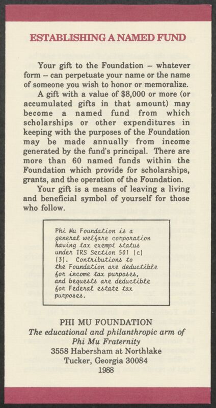 1988 Phi Mu Foundation's Emphasis on Giving Pamphlet Image