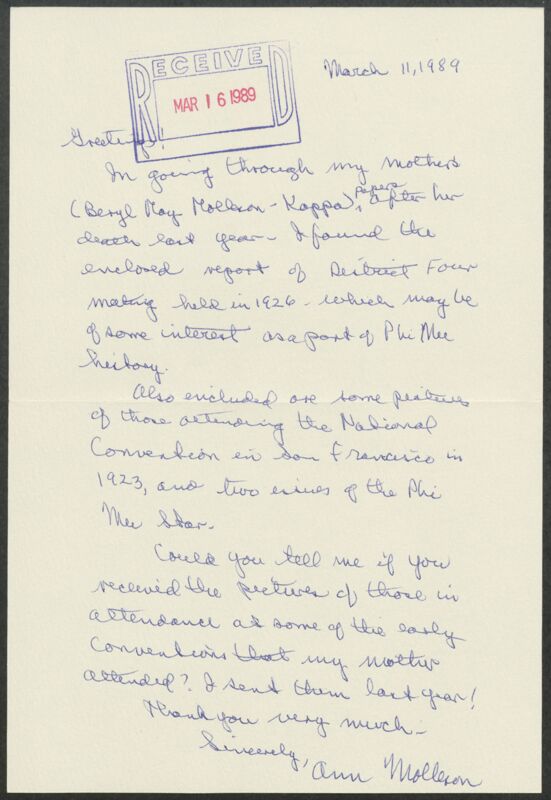 March 11 Ann Molleson to Historian Letter Image