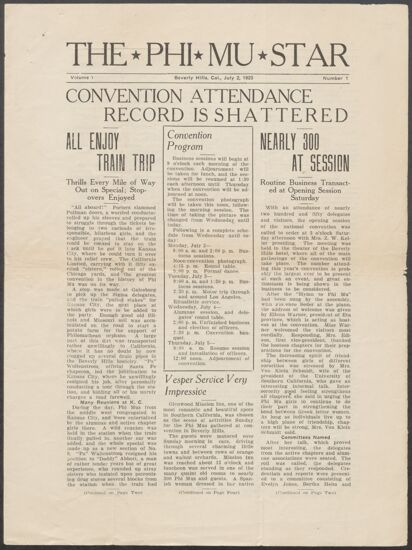 The Phi Mu Star, Vol. 1, No. 1, July 2, 1923 (image)