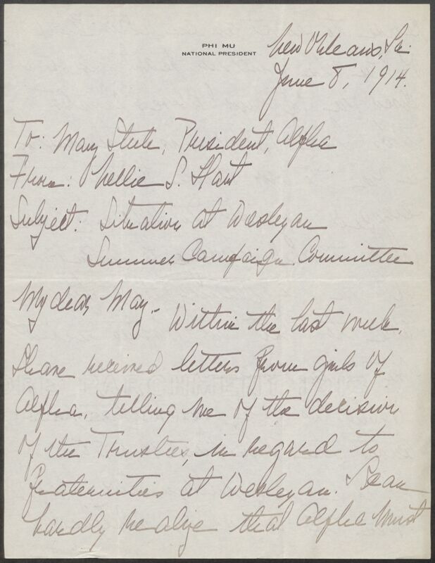 Nellie S. Hart to May Stute Letter, June 8, 1914 (Image)