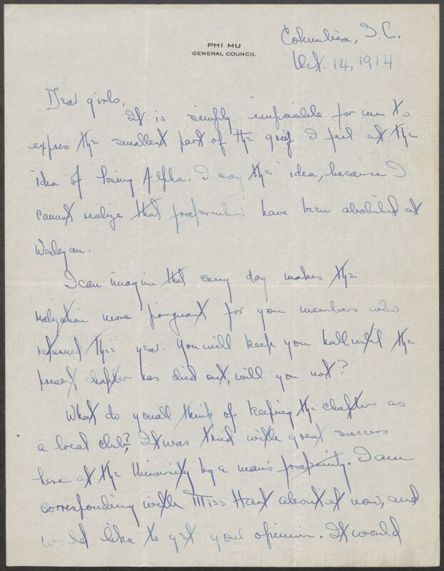 Grace Sieupkin to Alpha Chapter Letter, October 14, 1914 (Image)