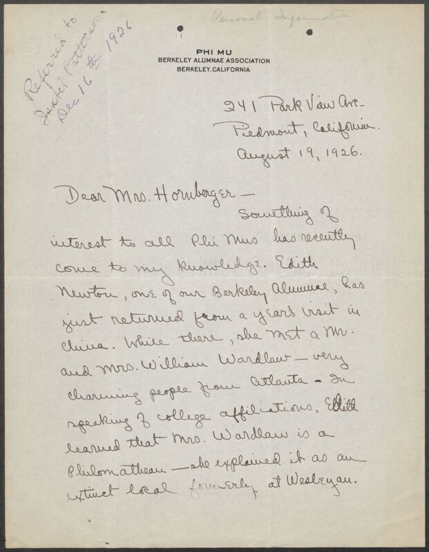 Aldwyth Rogers Arata to Mrs. Hornberger Letter, August 19, 1926 (Image)