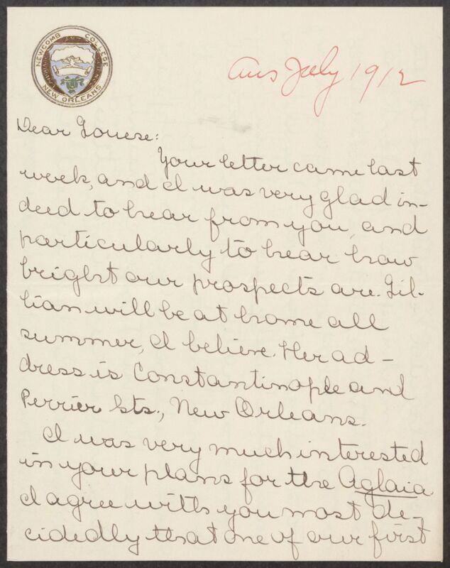 Elizabeth M. McFetridge to Louise Monning Letter, July 1912 (Image)