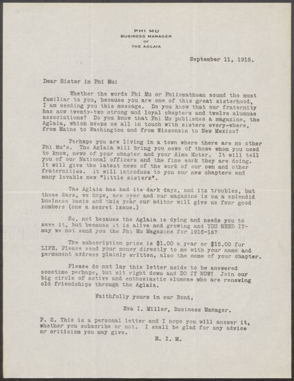 Eva I. Miller to Sisters of Phi Mu Letter, September 11, 1915 (image)