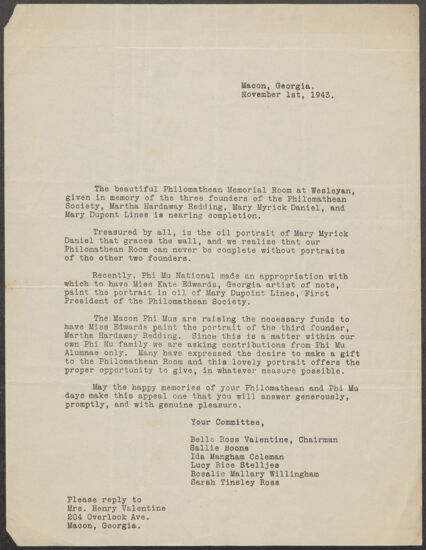 Philomathean Memorial Room Committee Letter, November 1, 1943 (image)