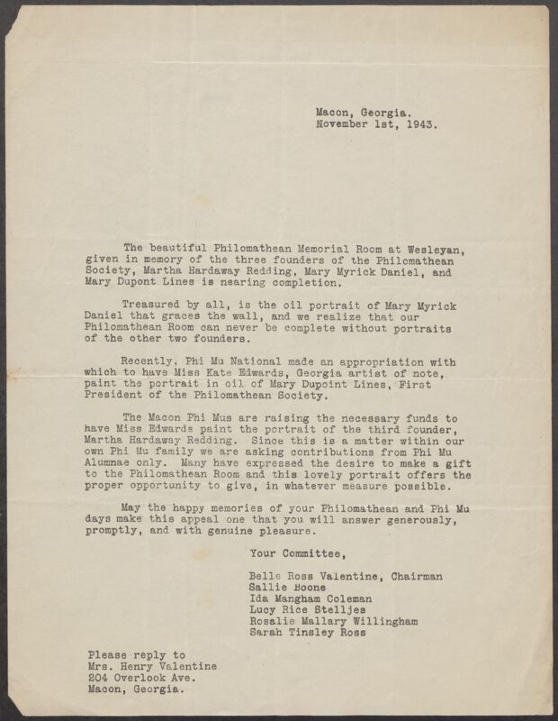 Philomathean Memorial Room Committee Letter, November 1, 1943 (Image)