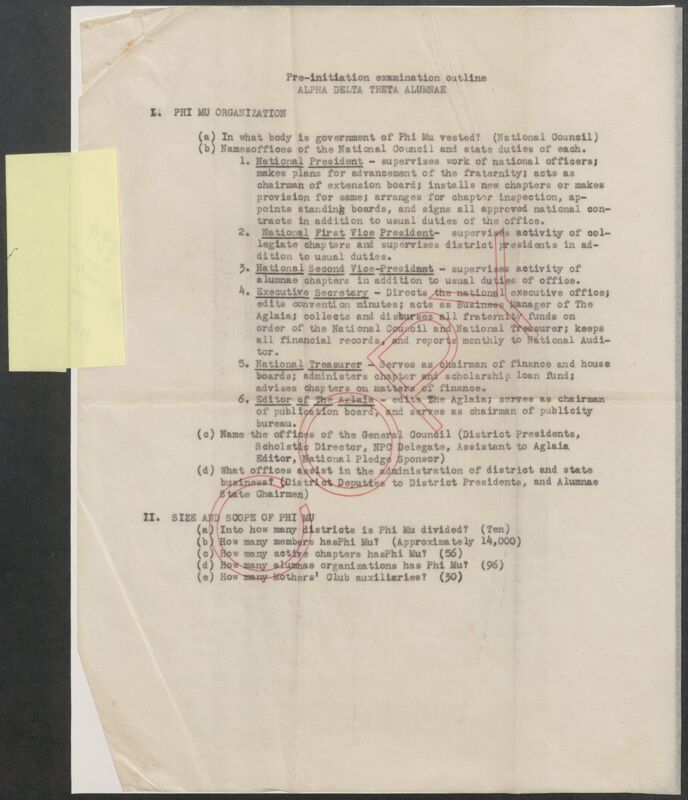 Pre-Initiation Examination Outline: Alpha Delta Theta Alumnae, 1939 (Image)