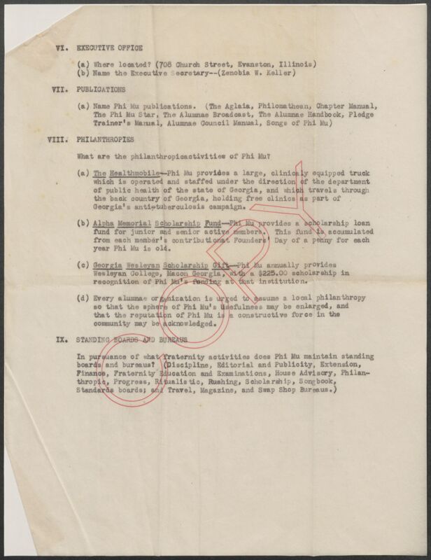 1939 Pre-Initiation Examination Outline: Alpha Delta Theta Alumnae Image