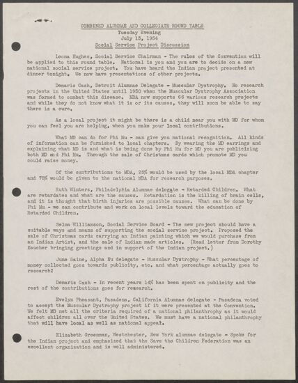 Combined Alumnae and Collegiate Round Table - Social Service Project Discussion Minutes, July 13, 1954 (image)