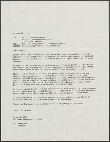 Lynne M. King to Atlanta Alumnae Chapter, Georgia Collegiate Chapters, and Alpha Area Officers Letter, October 20, 1986 (Image)