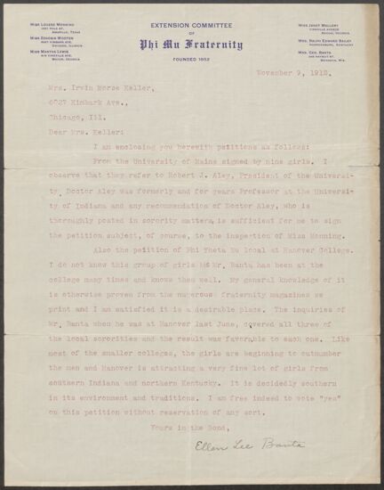 Ellen Lee Banta to Mrs. Irvin Morse Keller Letter, November 9, 1912 (Image)