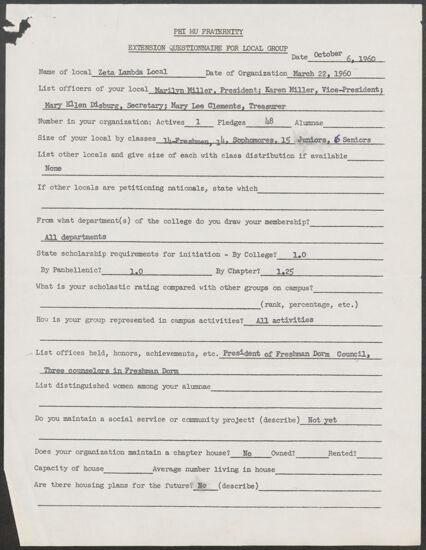 Phi Mu Fraternity Extension Questionnaire for Local Group - Zeta Lambda, October 6, 1960 (image)