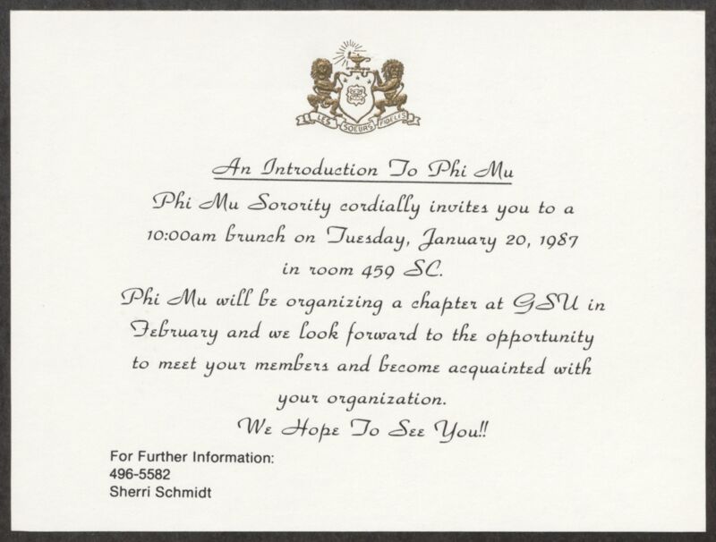 An Introduction to Phi Mu Brunch Invitation, October 20, 1987 (Image)