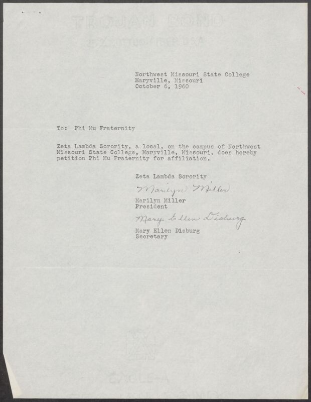 October 6 Marilyn Miller & Mary Ellen Disburg to Phi Mu Fraternity Letter Image