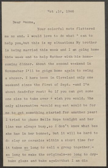 Naomi to Leona Hughes Letter, October 16, 1946 (image)