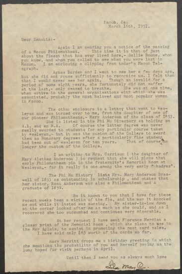 Lila May Chapman to Zenobia Wooten Keller Letter, March 16, 1951 (image)