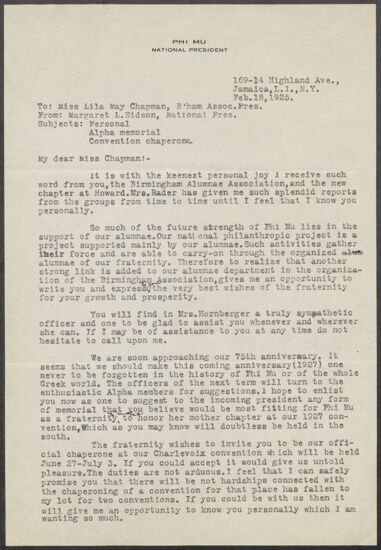 Margaret L. Eidson to Lila May Chapman Letter, February 18, 1925 (image)