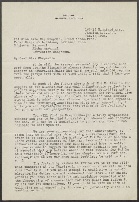 Margaret L. Eidson to Lila May Chapman Letter, February 18, 1925 (Image)