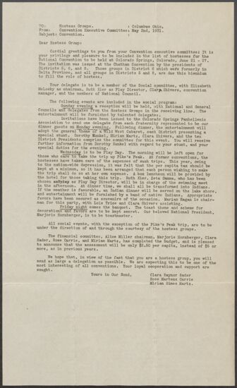Convention Executive Committee to Hostess Groups Letter, May 2, 1931 (image)