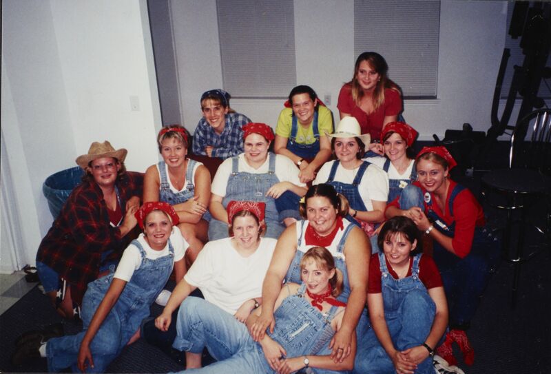 Epsilon Lambda Members in Overalls and Bandanas Photograph, Spring 1997 (Image)