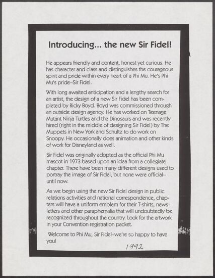 Introducing...the new Sir Fidel! Flier, 1992 (image)