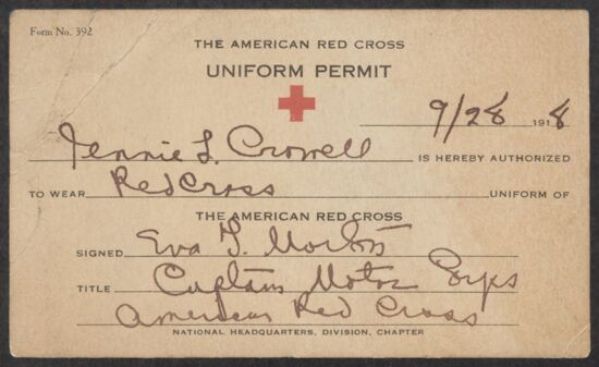 Jennie L. Crowell American Red Cross Uniform Permit, August 28, 1918 (image)