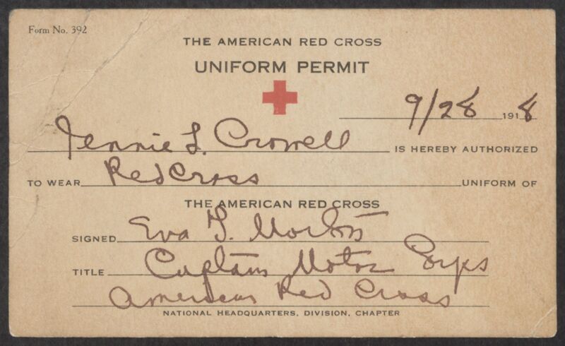 August 28 Jennie L. Crowell American Red Cross Uniform Permit Image