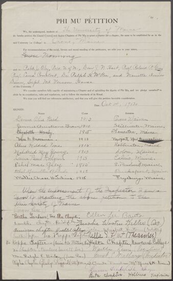 University of Maine Petition to Phi Mu Fraternity, October 14, 1912 (Image)